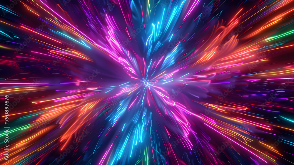 Poster neon lines converging in a psychedelic explosion of color 3d style isolated flying objects memphis s