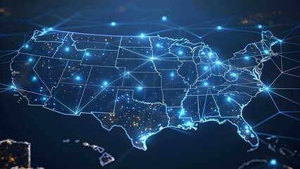 Digital Network Across USA Map. Concept Technology in Education, Online Learning, Virtual Classroom, Digital Resources, E-Learning Platforms - obrazy, fototapety, plakaty