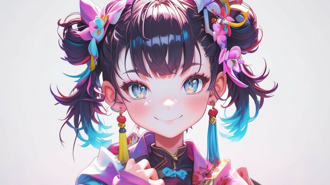 A delightful 3D model of a cute anime girl with a sweet smile and big, expressive eyes, wearing a playful outfit with vibrant colors and intricate details, perfect for adding charm to any project