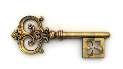 Ornate 3D Antique Golden Key Icon Symbolizing Vintage Security and Charm on Isolated White Background