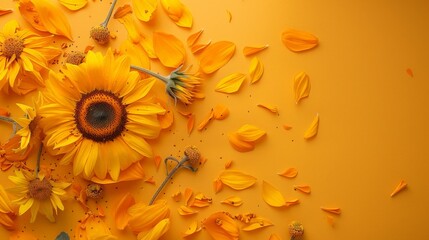 Vibrant Sunflower and Marigold Petals Falling on Light Orange Surface, Blurred with Lens Blur, Top View