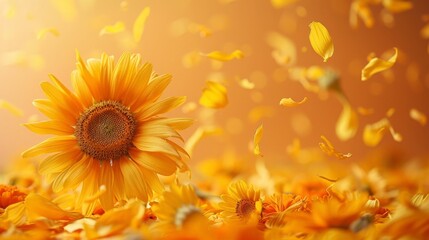 Fototapeta premium Soft and Delicate: Sunflower, Marigold, and Safflower Petals Falling on Light Orange Surface, View from Top