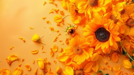 Botanical Beauty: Blurred Petals of Safflower, Marigold, and Sunflower on Light Orange Surface