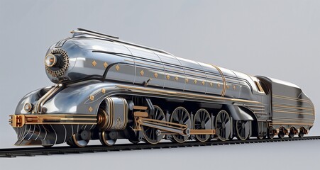Classic Art Deco locomotive design featuring elegant decorative elements and streamlined form. 3D Render.