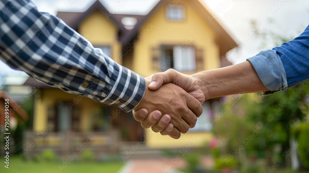 Wall mural close-up of two men shaking hands in front of a new house. successful real estate transaction