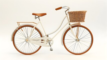 Iconic Vintage-Style 3D Bicycle with Wicker Basket on Pristine White Background,Embodying Eco-Friendly Leisure and Urban Commute