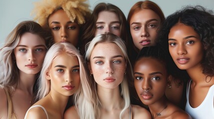 Obraz premium Studio photography of young female models of different nationalities on a light background