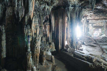 beatiful of Stalactite and Stalagmite in Tham Lay Khao Kob Cave in Trang, thailand.