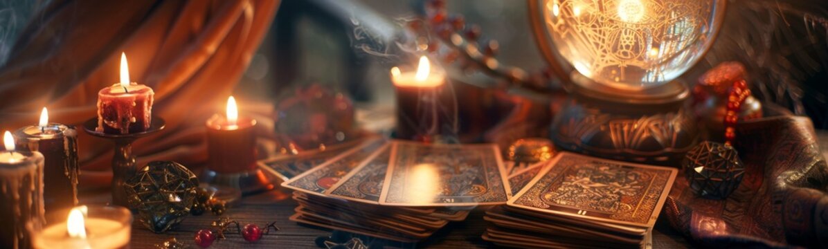 Candles are lit and surrounded by books and other items. Banner