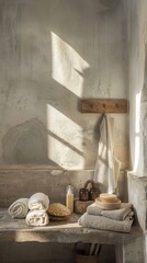 Towels are on a bench in a bathroom with a stone wall. Hammam background . Vertical background 