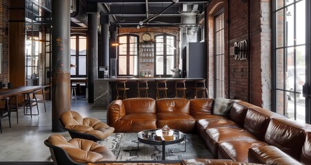 Contemporary industrial lounge with leather sofas and metal accents