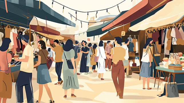 An illustration of a flea market with shoppers browsing through various stalls, their movements creating a blur that depicts the market's bustling atmosphere