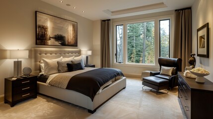Sleek contemporary bedroom design with cream walls, charcoal accents, and streamlined furniture, highlighting simplicity and elegance with a spacious feel