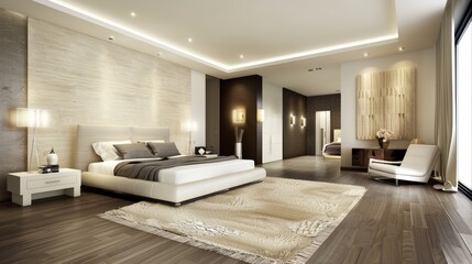 Sleek contemporary bedroom design with cream walls, charcoal accents, and streamlined furniture, highlighting simplicity and elegance with a spacious feel - obrazy, fototapety, plakaty