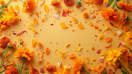 Floral Harmony: Vibrant Sunflower, Marigold, and Safflower Petals on Light Orange Surface