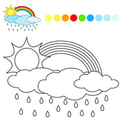 Sun with rainbow and clouds coloring book page for children. Weather vector illustration isolated on white background.