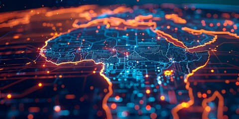 Vibrant Digital Circuits Connecting the Continents of Africa and Asia on a Global World Map