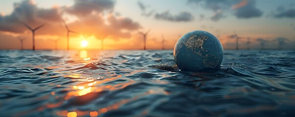 Renewable energy icons floating on a tranquil sea with a globe scenic backdrop for sustainable business concepts - Powered by Adobe