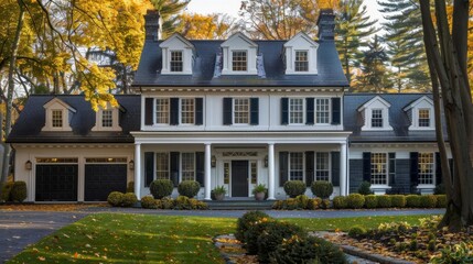 Explore a colonialstyle house with a garage featuring classic details such as symmetrical windows, a formal entryway, and traditional siding