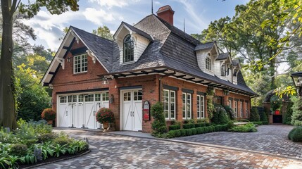 Classic red brick with a twocar attached garage featuring white carriage doors and black wrought iron hardware Weathered brick pathway leads to the front door