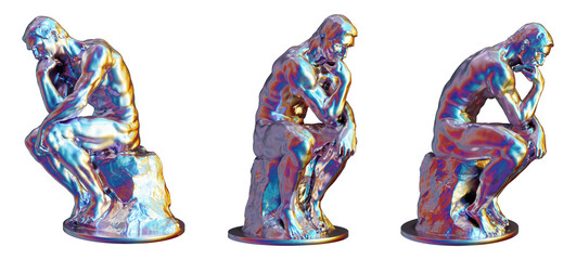 The Thinker Rodin statue from different angles in iridescent chrome isolated on transparent background. 3D rendering