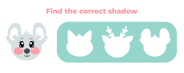 Find the correct shadow of funny kawaii characters mouse face animal