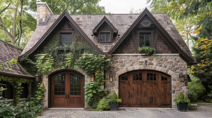 Fototapeta na wymiar Charming halftimbered facade with exposed beams Stone garage featuring a heavy wooden door with iron hinges and studs Climbing ivy softens the edges of the stonework