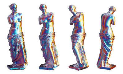Classical Venus de Milo statue from different angles in iridescent chrome isolated on transparent background. 3D rendering © HTGanzo