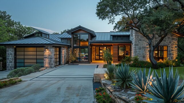 Capture a ranchstyle house with a garage that includes a covered breezeway connecting it to the main residence, adding architectural interest and functionality
