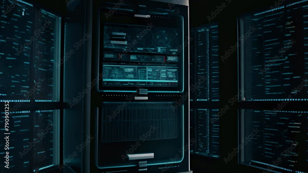 Poster close up of a network server rack with glowing blue screen interfaces and illuminated data cables