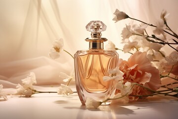 A perfume bottle with flowers on a white background.