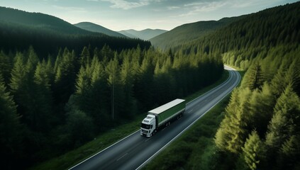 Aerial view of a truck driving down a road in the woods.