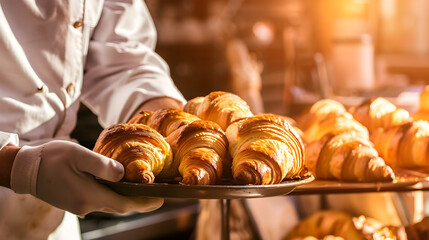 A baker pulling a tray of golden croissants from the oven.


