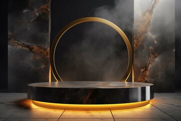 A circular black and gold stage, set with a ring in the center, ready for a captivating performance.