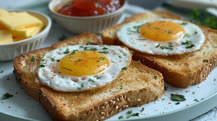  A white plate holds two slices of toast, one with an egg atop, the other atop a separate slice of bread Nearby sits a bowl of buttered cheese and ketch