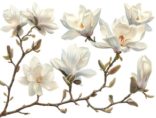 Set of branches of blooming magnolia trees, large and fragrant