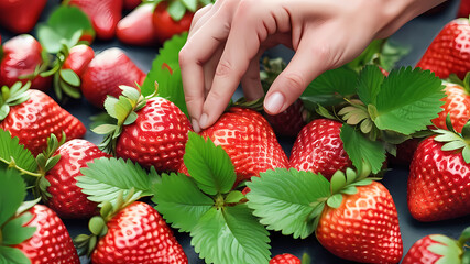 Delicious big strawberries with green leaves with hand holding strawberries red fruit fresh newly...