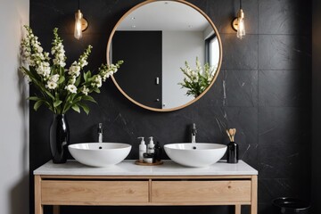 Cabinet with sinks and skincare supplies placed near black vase with decorative flowers at wall with mirror in light stylish bathroom