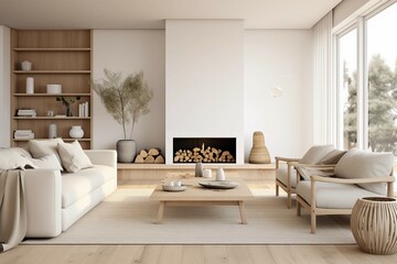 Interior design of a serene Scandinavian living room blending clean lines, muted tones, and natural materials to evoke a sense of tranquility and sophistication.