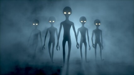 Five scary gray aliens walk and look blinking on a dark smoky background. UFO futuristic concept. 3D RENDER. Not AI.