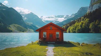   A red house perches atop a verdant hillside, overlooking a serene lake and distant mountains - obrazy, fototapety, plakaty
