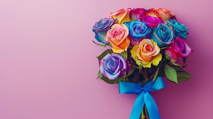 Vibrant rainbow roses bouquet with blue ribbon on pink background