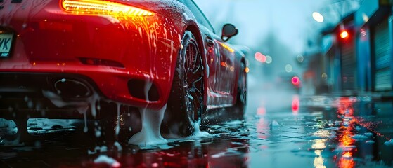 Sleek Car in Suds: A Rainy Car Wash Symphony. Concept Car Wash, Rainy Day, Suds, Glossy Finish, Water Droplets
