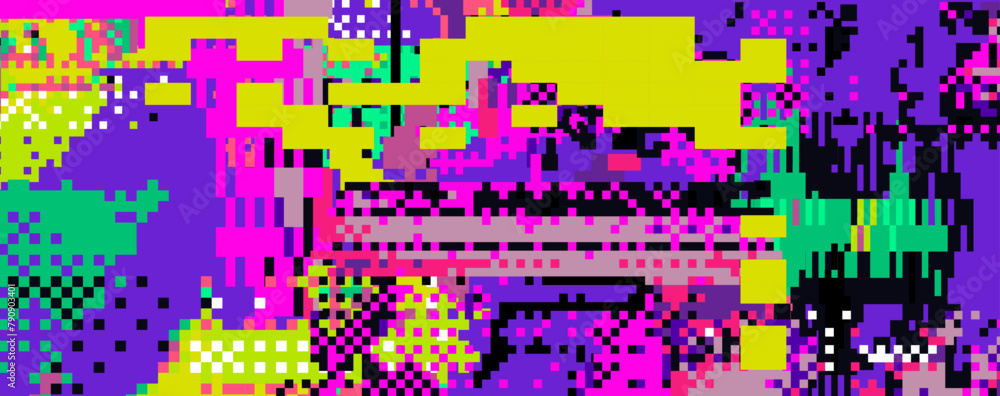 Aufkleber Bright neon glitchy background. Concept vector illustration of a broken program code or malware attack. 