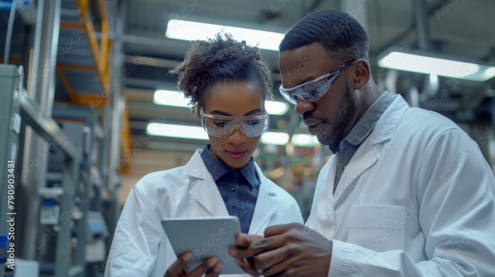 Aufkleber scientists using tablet in lab