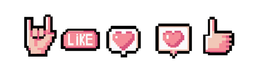 Set of pixel art icons and with social media pictograms: hand gestures and hearts. 