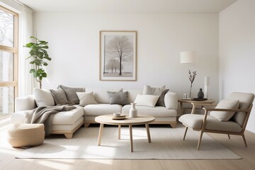 Interior design of a serene Scandinavian living room blending clean lines, muted tones, and natural materials to evoke a sense of tranquility and sophistication.