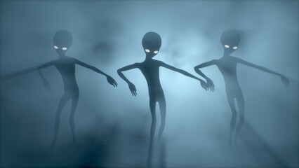Three scary gray aliens dancing on a dark smoky background. UFO futuristic concept.3D RENDER. Not AI.