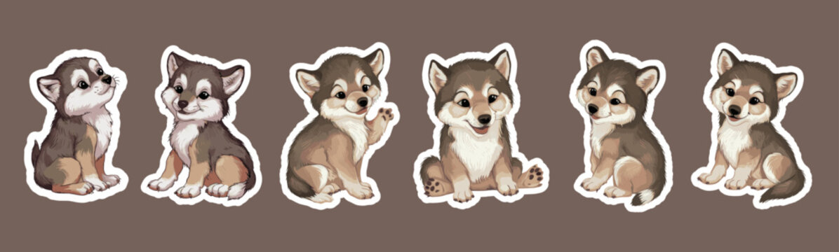Sticker set of cute baby wolf sitting on the ground, Generative AI