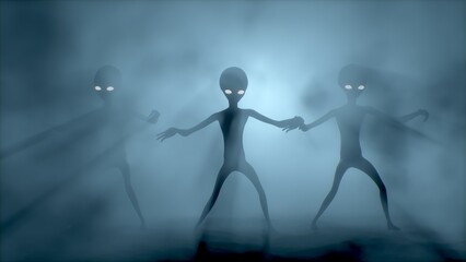 Fototapeta na wymiar Three scary gray aliens dancing. 